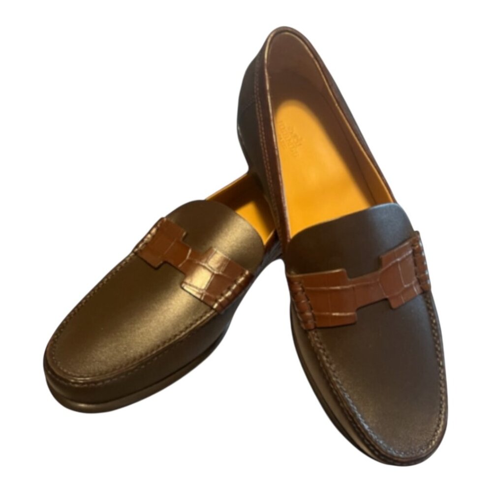 HERMES Kennedy Leather Crocodile Iconic H Apron Loafer Moccassins Shoes